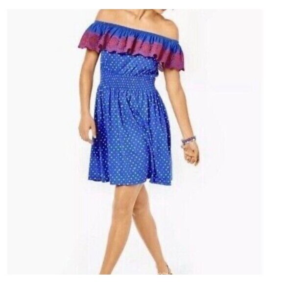 New Lilly  Pulitzer Dress Size Medium Kalama  Off-the-Shoulder Smocked  Blue - Picture 1 of 8
